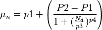  \mu_{n} = p1 +  \left(\frac{P2-P1}{1+(\frac{N_{d}}{p3}) ^{p4}} \right) 