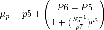  \mu_{p} = p5 +  \left(\frac{P6-P5}{1+(\frac{N_{a}^{-1}}{p7}) ^{p8}} \right) 