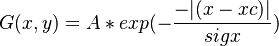  G(x,y) = A * exp(-\frac{-|(x-xc)|}{sigx})  