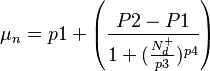  \mu_{n} = p1 +  \left(\frac{P2-P1}{1+(\frac{N_{d}^{+}}{p3}) ^{p4}} \right) 
