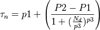  \tau_{n} = p1 +  \left(\frac{P2-P1}{1+(\frac{N_{d}}{p3}) ^{p3}} \right) 