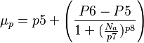  \mu_{p} = p5 +  \left(\frac{P6-P5}{1+(\frac{N_{a}}{p7}) ^{p8}} \right) 